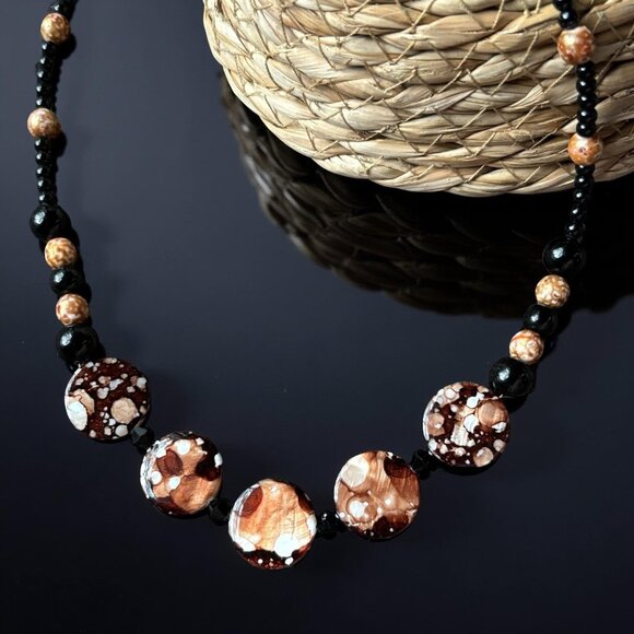 Brown and Black Acrylic Bead Necklace & Earring Set – 20" Toggle Necklace with D - Picture 4 of 7